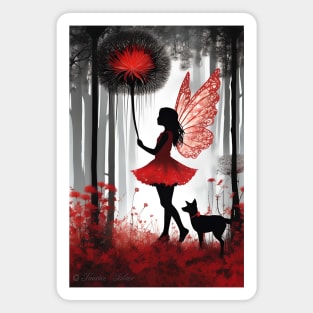 Enchanting Moments: Girl in Red with Giant Dandelion and Furry Friend Magnet